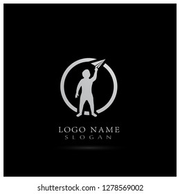 Kid Playing Paper Plane Logo. Symbol & Icon Vector Template.