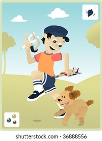 A kid playing in a park with his lovely dog