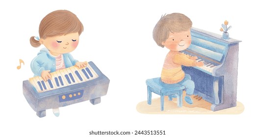 kid playing piano watercolor vector illustration 