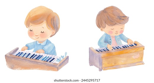 kid playing piano watercolor vector illustration 