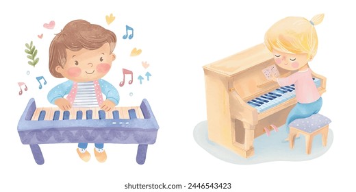 kid playing piano watercolor vector illustration 