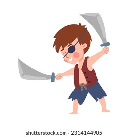 Kid playing pirate wearing black eye patch and holding swords flat cartoon vector illustration isolated on white background. Character of child for pirate party or game.