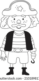Niño jugando piratas. Chico vestido de ladrón con bigote y gancho de mano. Ilustración en estilo de caricatura