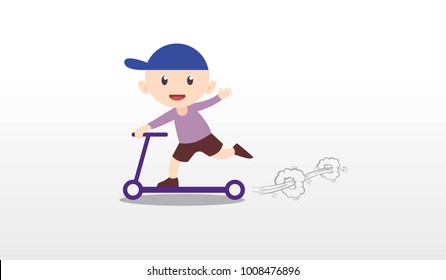 Kid playing push scooter vector