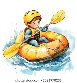 Kid Playing Rafting watercolor clipart isolated white background 