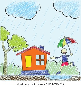 Kid Playing in the rainy day. Hand drawn vector kid illustration