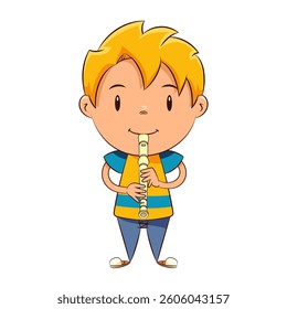 Kid playing recorder, happy cute child