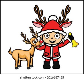 Kid Playing Reindeer Christmas Vector Illustration