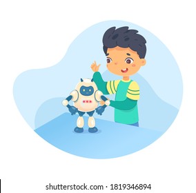 Kid playing with robot from laptop. Weekend hobby activities vector. Smart children having fun illustration.