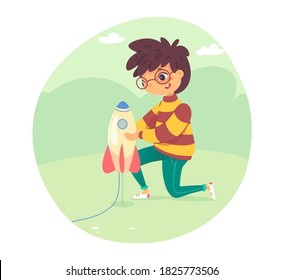 Kid playing with rocket outdoors. Boy launching toy rocket into sky. Weekend summer hobby activities vector. Smart child having fun in park or garden illustration.