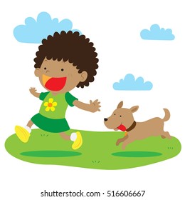 Kid playing and running with her dog in the park vector stock 