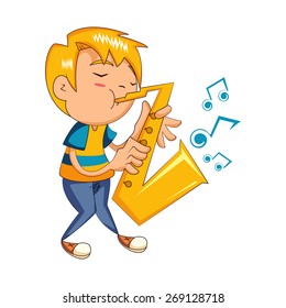 Kid playing sax, vector illustration