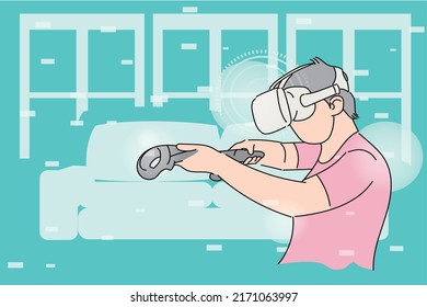 Kid playing shooting game with virtual reality. Flat design illustration