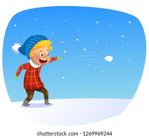 Kid playing in the snow. Child throws snowballs. Cartoon vector