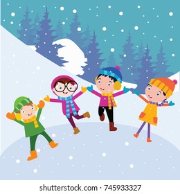 Kid playing in snow, Children play in winter series illustration.