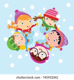 Kid playing in snow, Children play in winter series illustration.