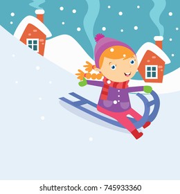 Kid playing in snow, Children play in winter series illustration.