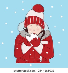 kid playing snow, isolated with blue background, vector illustration