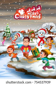 Kid playing with Snowman in Merry Christmas holiday background. Vector illustration