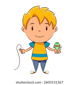Kid playing spinning top, vector illustration