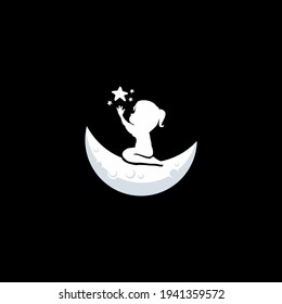 Kid Playing with star on the moon logo vector