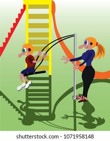 a kid playing the swing with its mama in the playground