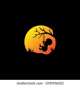 Kid Playing Swing On The Moon Silhouette Logo, 
Vector, Template, Clipart