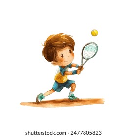 kid playing tennis vector illustration in watercolor style