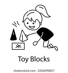 Kid playing with toy blocks, doodle style icon 