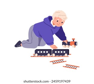 Niño jugando con el tren de juguete. Niño pequeño, juego ferroviario. Niño de jardín de infantes feliz con ferrocarril en el suelo. Tiempo libre preescolar. Ilustración vectorial plana aislada sobre fondo blanco