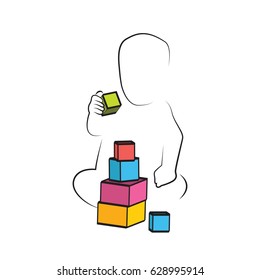 Kid Playing Toys Blocks, Sitting Baby Play Toy on White