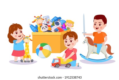 Kid Playing With Toys. Children And Box With Toy Cars, Blocks And Bear. Boy Play Pretending On Rocking Horse. Kids Activity Vector Concept. Child With Car And Giraffe. Funny Games For Friends