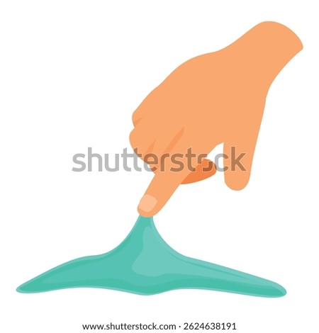 Kid playing with turquoise slime, touching the sticky surface with index finger, having fun with sensory toys