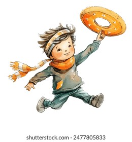 kid playing ultimate frisbee vector illustration in watercolor style
