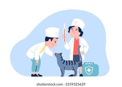 Kid playing veterinary. Boy and girl toddlers wearing doctor costumes. Children treat cat, using thermometer and first aid kit. Kids play recent vector scene