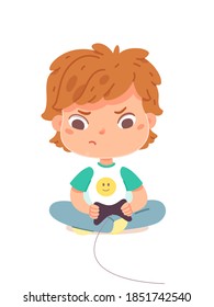 Kid playing video games at home. Sad angry boy playing videogames, sitting with joystick in hands on white background. Entertainment at home with technology vector illustration.