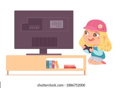 Kid playing video games on tv at home. Happy girl holding console and playing videogames with joystick in hands. Entertainment at home with technology vector illustration.