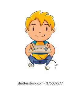 Kid playing video games, vector illustration