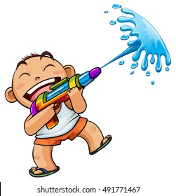 Kid Playing Water Gun Vector Illustration