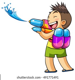 Kid Playing Water Gun Vector Illustration