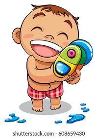 kid playing water gun vector illustration