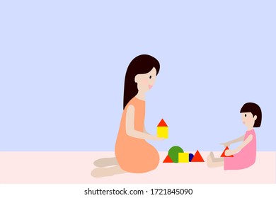 Kid playing wooden block toy together . They are very enjoy and laughing together. Time of building relationship in family. Illustration vector.