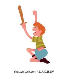 kid playing with wooden sword, isolated