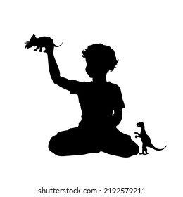Kid plays dinosaur. Silhouette of sitting boy with toys. Child domestic game. Childhood scene at bedroom. Vector illustration