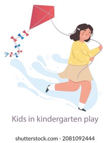 Kid plays with his favorite toy concept. Little smiling girl in kindergarten flying kite. Happy small character. Activity or entertainment for children. Cartoon modern flat vector illustration