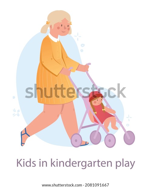 Kid plays with his favorite toy concept.\
Happy little girl in yellow dress playing with baby doll. Female\
character in kindergarten. Entertainment for children. Cartoon flat\
vector illustration