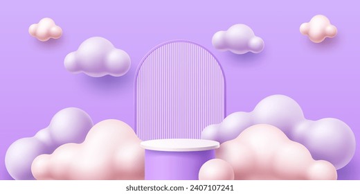 Kid podium with clouds, baby children 3D stage or product display stand, vector background. Pastel purple platform podium with bubble balloon clouds and arch scene on wall for kid toys display