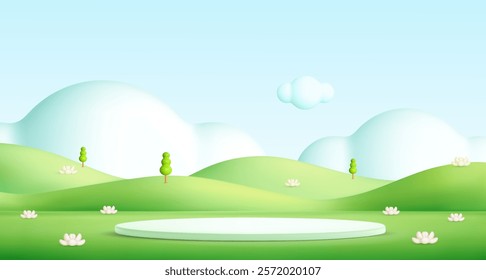 Kid podium in green hills on abstract cartoon background. 3d spring landscape. Tree, grass mountain, clouds in sky. Park scene. Childish cartoon vector illustration