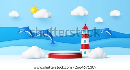 Kid podium stand with lighthouse and dolphins jumping in sea waves. Vector 3d colorful podium, stage or scene, round red product display stand at kid marine landscape with sun and cloud sky background