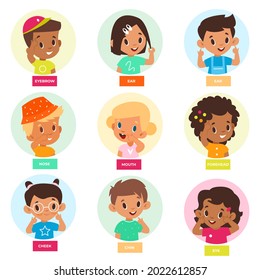 Kid pointing face part. Cute children denote facial features, show forehead, cheek, eyes and nose, educational games for babies. Sense organs vector cartoon isolated set